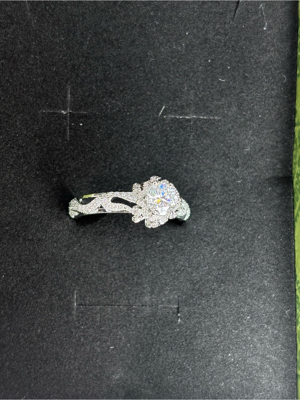 Silver Floral Halo Engagement Ring moissanite size 9